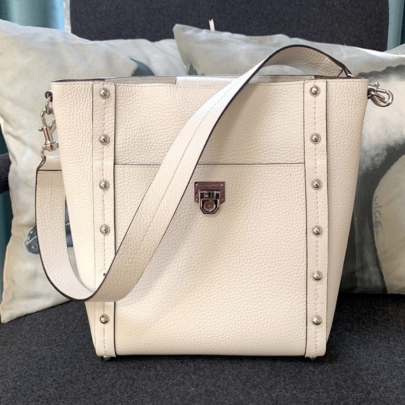 Rebecca MINKOFF StuddedOff White Pebbled Leather Bucket Bag - Picture 1 of 16